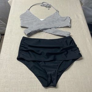 COCOSHIP Women's Ruching High Waist Bikini Set Cross Wrap Push Up Top Tie Back